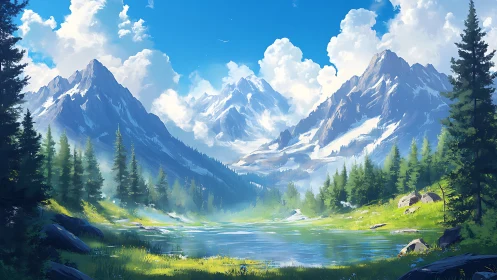 Digital painting of alpine lake valley with sunlit conifers.
