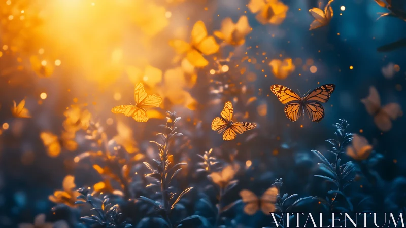 Monarch butterflies move through backlit foliage in shallow focus