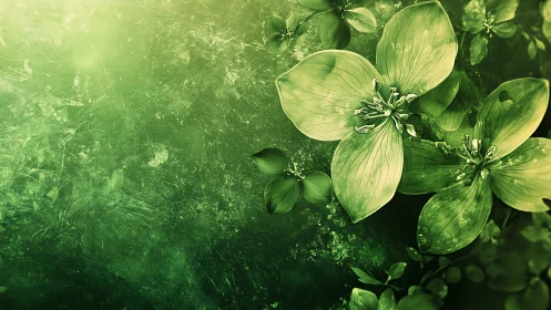 Soft green blossoms drift gently across a glowing garden dream