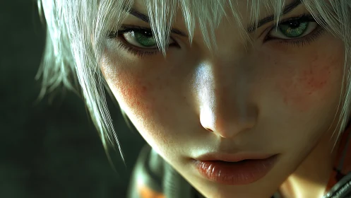 Intense silver haired warrior stares with icy resolve