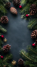 Vertical framing of pine branches, cones and ornaments on matte slate