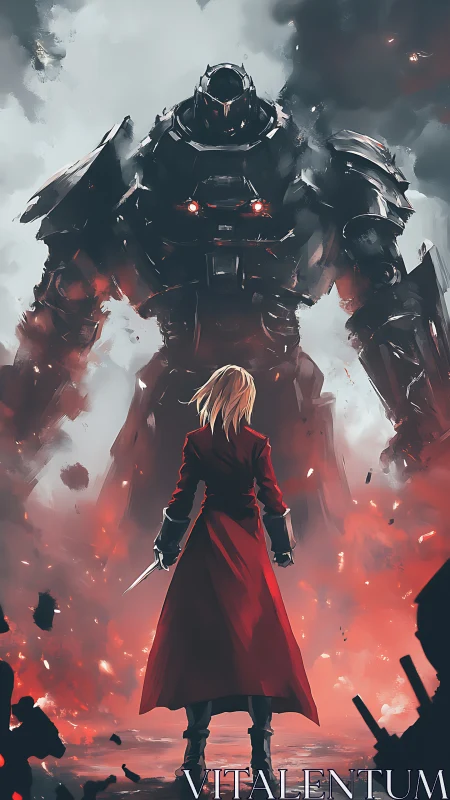 Crimson cloaked hero calmly faces a towering war machine