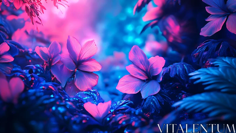 Neon flowers glow within dense bioluminescent foliage