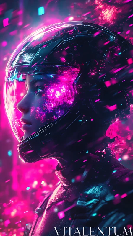 Neon-lit astronaut explores holographic cosmic data cloud