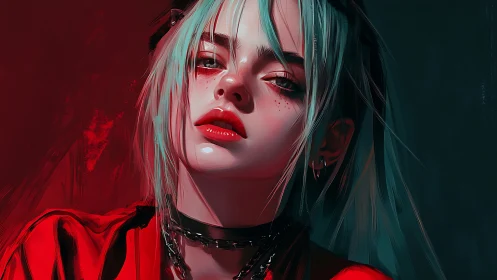 Neon-lit punk portrait with teal hair and red split lighting