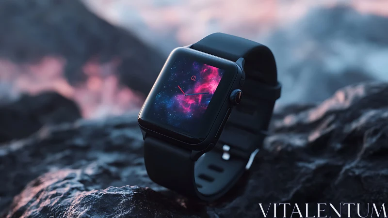 Smartwatch with cosmic display on rugged volcanic rock.