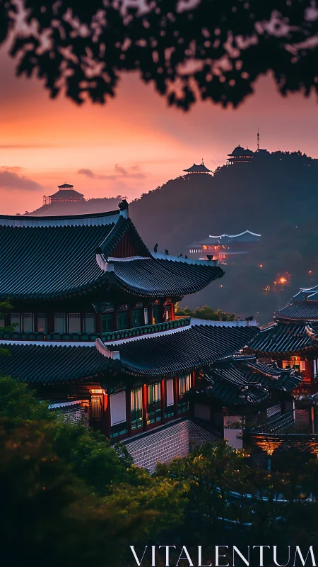 Twilight panorama of tiered Korean palace roofs in mist.