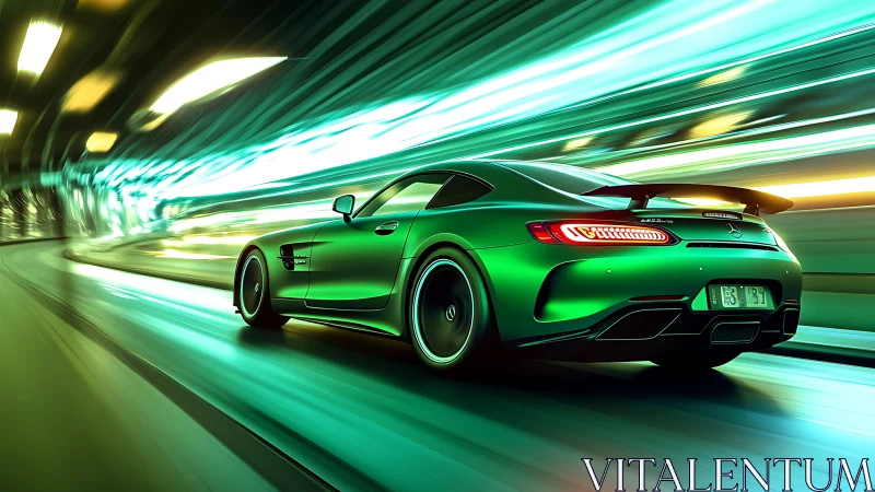 Emerald sports car rockets through neon tunnel at high speed.
