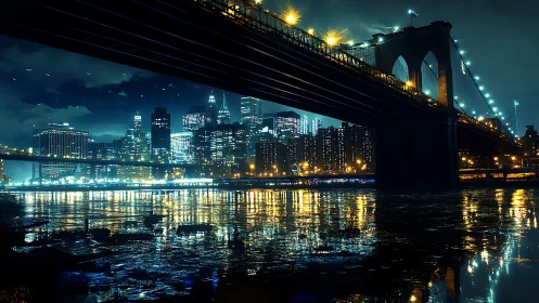 Night urban bridge and skyline over reflective river surface.