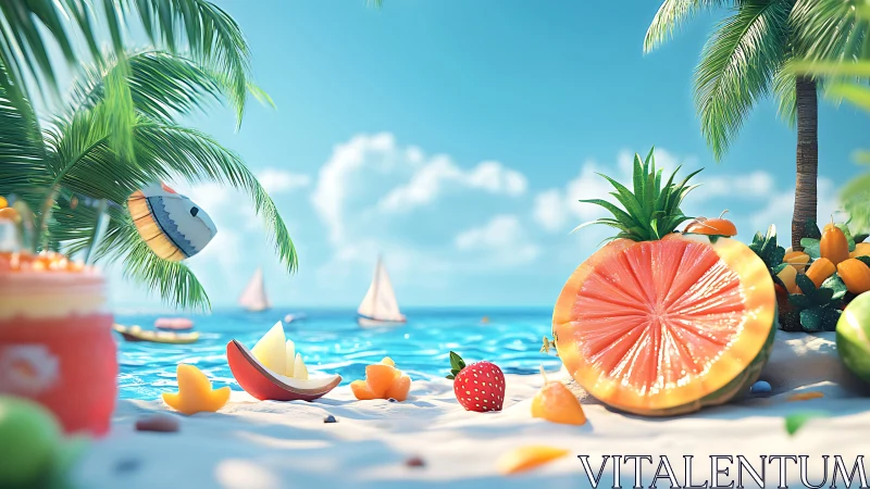 Tropical fruit beachscape glows under bright summer skies.