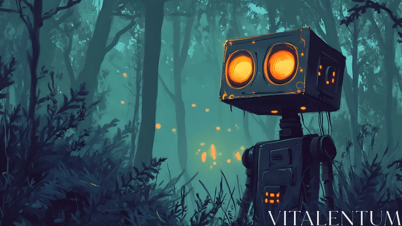 Curious little forest robot gazes softly into glowing lights