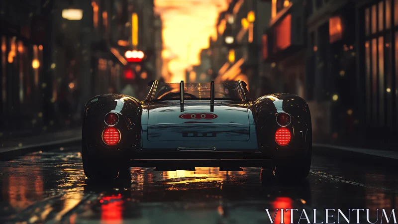 Retro roadster glows against rain-slick neon sunset streets.