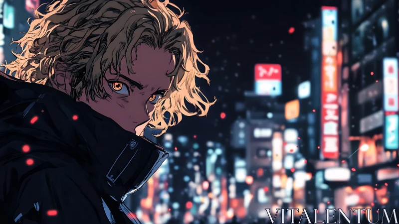 Blonde vigilante in neon-lit urban corridor, anime nocturne.