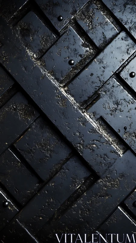 Weathered black metal plate grid shows corroded surface detail