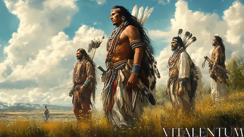 Warriors in traditional dress stand on open grassland.