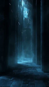 Ancient icy corridor glows with eerie blue luminescence.