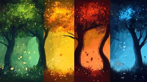 Four stylized trees depict changing seasons in vertical panels