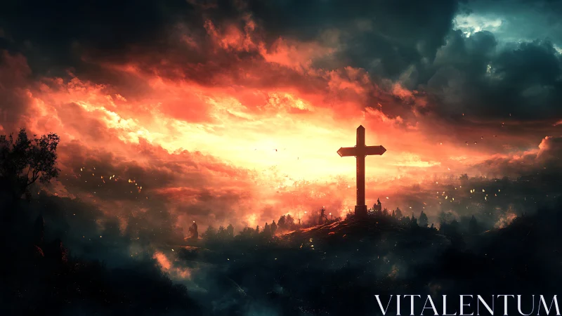 Backlit hilltop cross silhouettes under high-contrast infernal sky