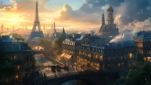 Sunlit Parisian skyline with Eiffel Tower and riverside streets