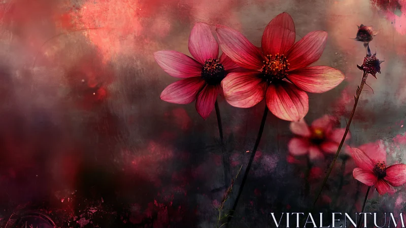 Red Cosmos Blooms in Atmospheric Dreamscape.