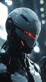 Humanoid robot in reflective armor with red illuminated visor