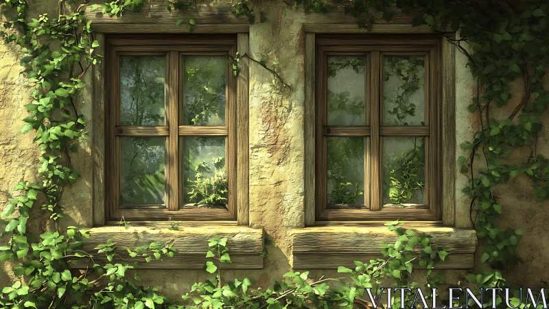 Sunlit cottage windows wrapped in gentle climbing ivy.