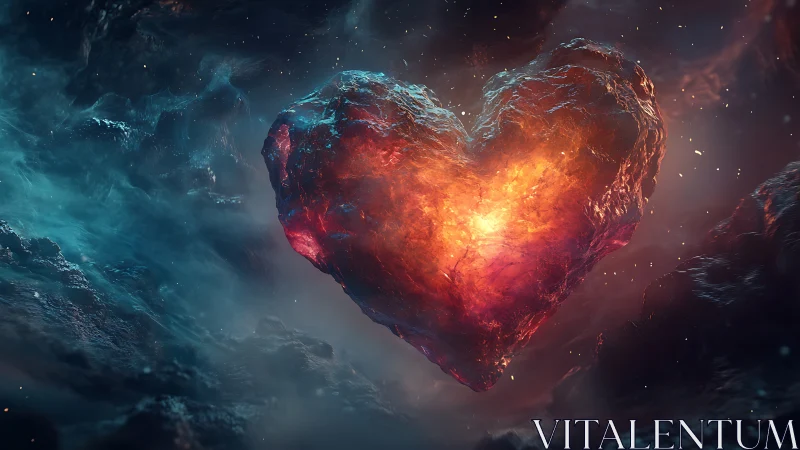 Burning molten heart shaped asteroid in deep space.