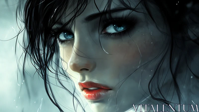 Gaze of the storm-eyed woman glows through misty silence.