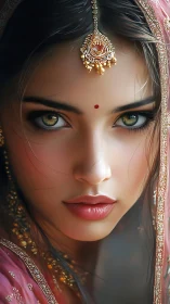 Digital portrait of woman in jeweled bridal veil closeup.