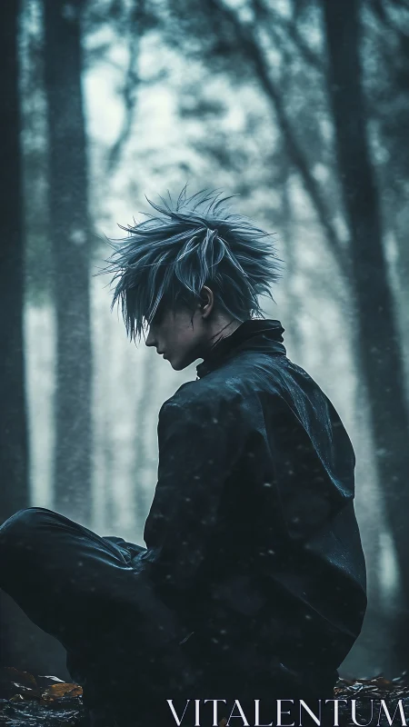 Storm-haired wanderer bends twilight rain into quiet thoughts