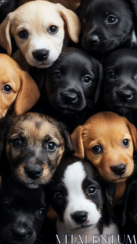 Clustered close-up of mixed-color puppies’ faces in rows.