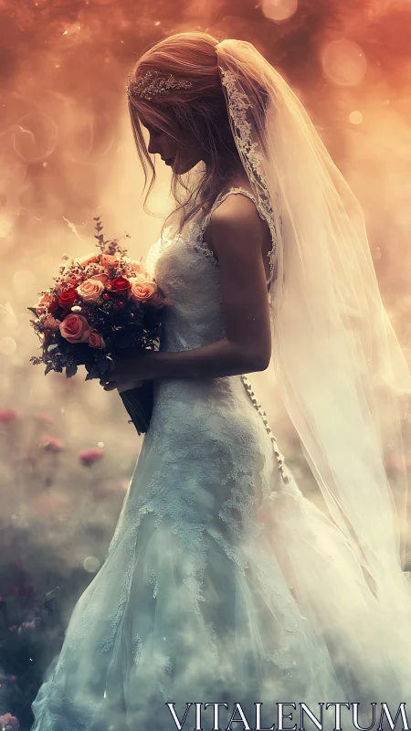 Side profile of bride holding bouquet in misty garden.