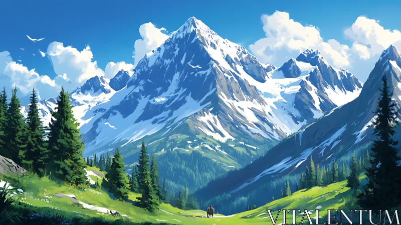 Snow-capped alpine range with hikers under high-contrast midday light