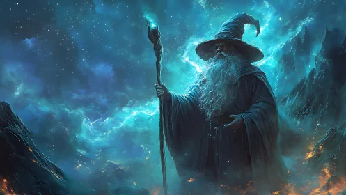 Epic fantasy wizard amid astral storm in luminous Digital painting.