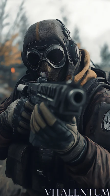 Masked tactical soldier aims rifle in tense foggy standoff