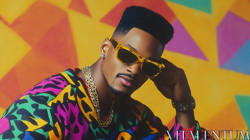 Neon streetwear portrait under geometric retro backdrop.