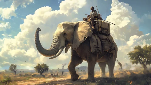 Digital painting of a loaded safari elephant with distant savanna horizon.