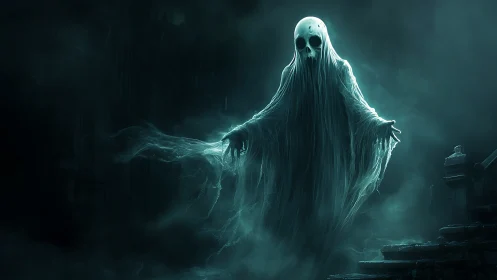 Ghostly wraith drifts through foggy ruins in eerie teal light
