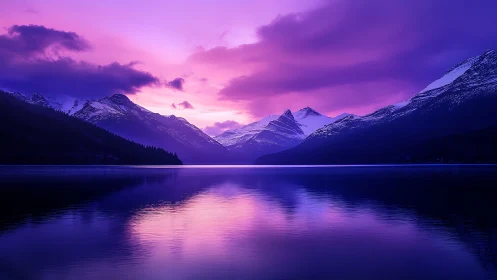 High-saturation alpine lake sunset with mirrored violet gradients