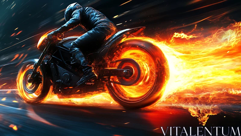 Blazing motorcycle rider racing through a trail of fire.