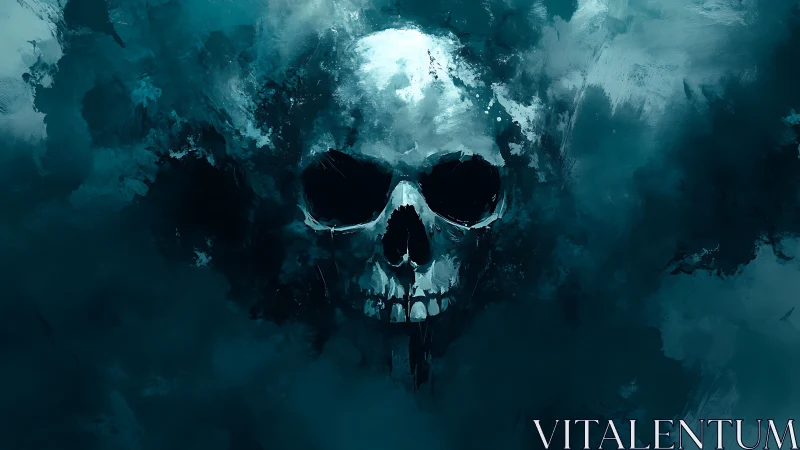 Skull emerges from turbulent teal mist in expressive strokes