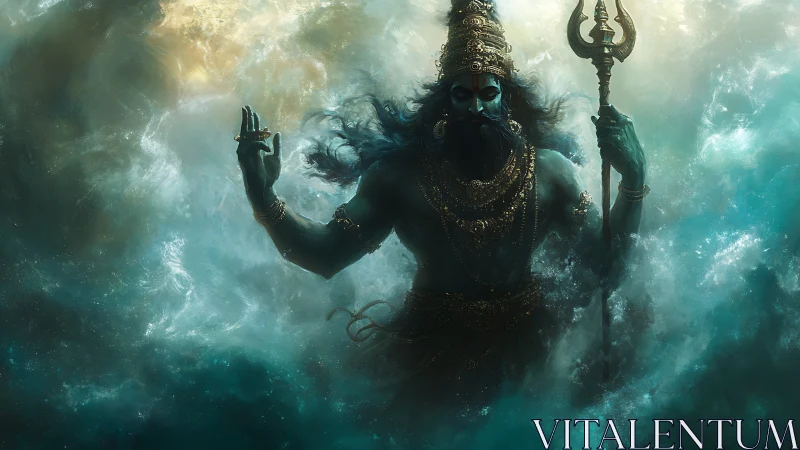 Mythic blue-skinned deity stands in turbulent aquatic mist
