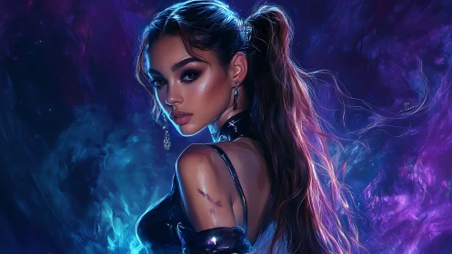 Futuristic woman in glowing cosmic atmosphere portrait.