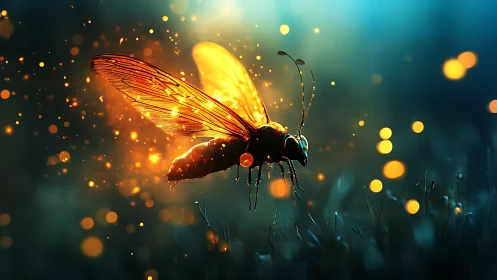 Luminous firefly macro in bioluminescent bokeh environment