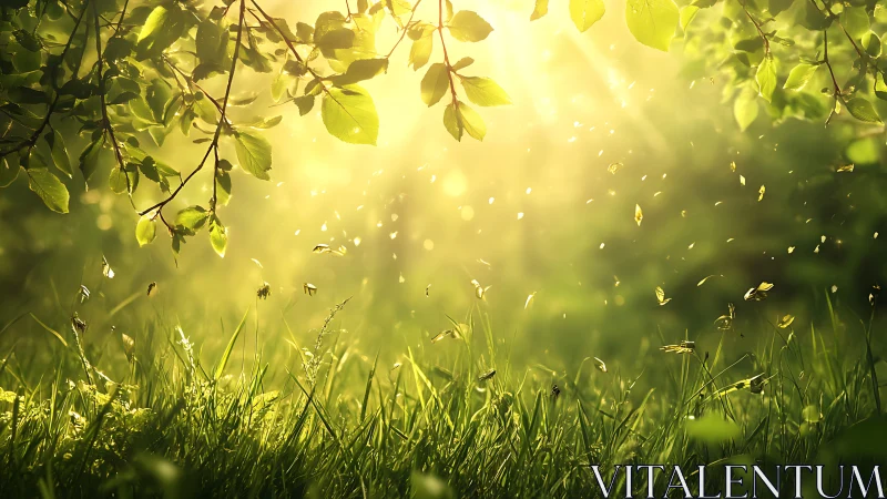 Sunlit Forest Meadow with Lush Grass and Glowing Leaves, Dreamy Style.