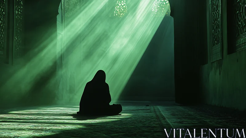 Solitary figure in mosque interior illuminated by diagonal light