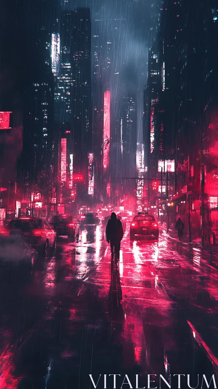 Lone silhouette walks through neon soaked cyberpunk rainstorm.