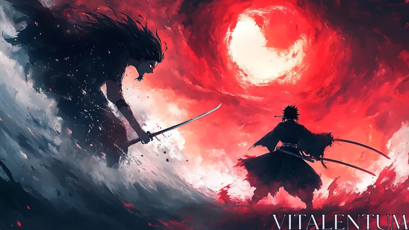 Samurai duel ignites beneath a blazing crimson vortex sky