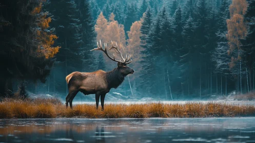 Majestic stag in misty autumn forest, cinematic wildlife photography.