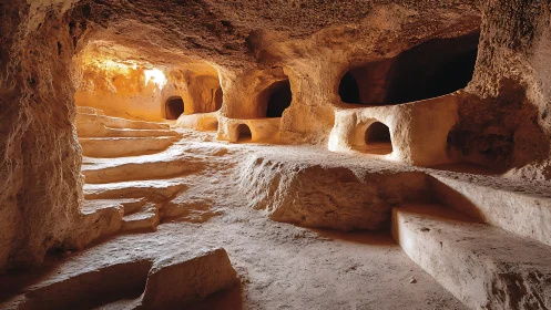 Carved subterranean cave complex with stepped floors and arched cells
